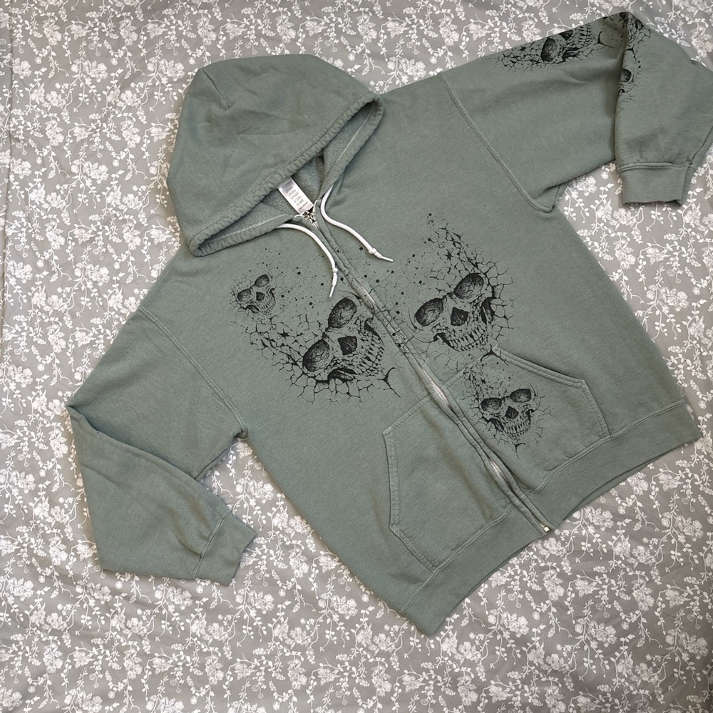 Urban Outfitters Sage green Skull Zip-Up Sweater